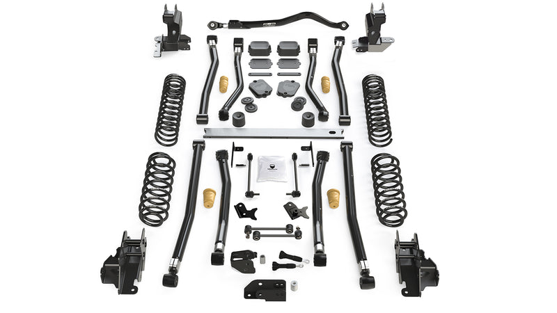 TeraFlex Alpine Long Arm Suspension, shown on a studio background: TeraFlex long-arm lift kit with frame brackets, crossmember, springs and long control arms on white