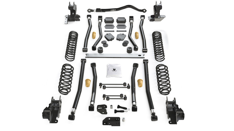 TeraFlex Alpine Long Arm Suspension, shown on a studio background: TeraFlex long-arm lift kit with frame brackets, crossmember, springs and long arms on white