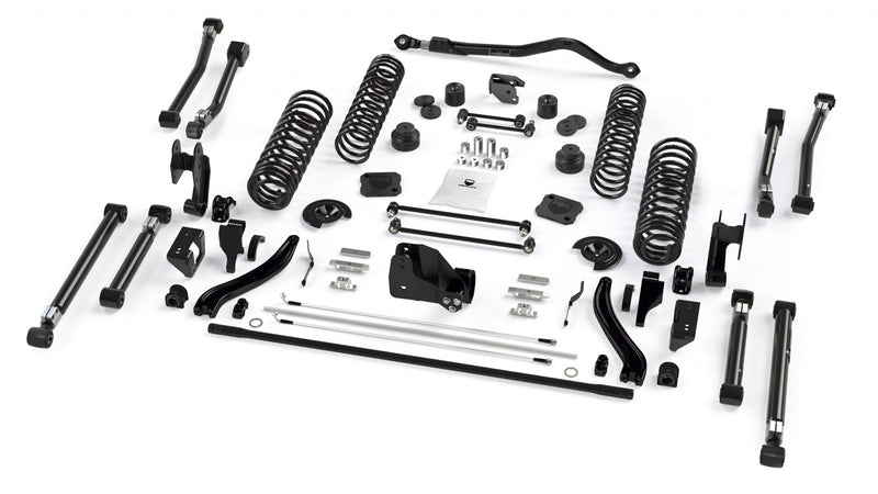 TeraFlex Alpine Short Arm Suspension System, shown on a studio background: exploded TeraFlex lift kit with control arms, track bar, four coil springs and sway bar on white