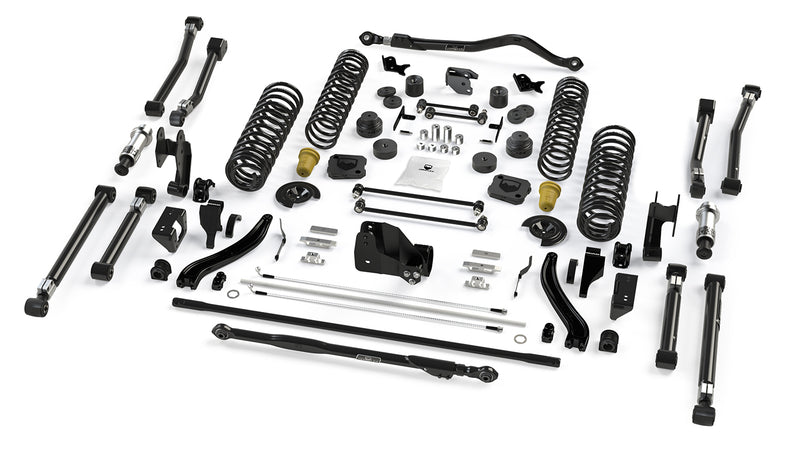 TeraFlex Alpine Short Arm Suspension System, shown on a studio background: exploded TeraFlex lift kit with control arms, two track bars, coil springs and silver SpeedBump stops on white