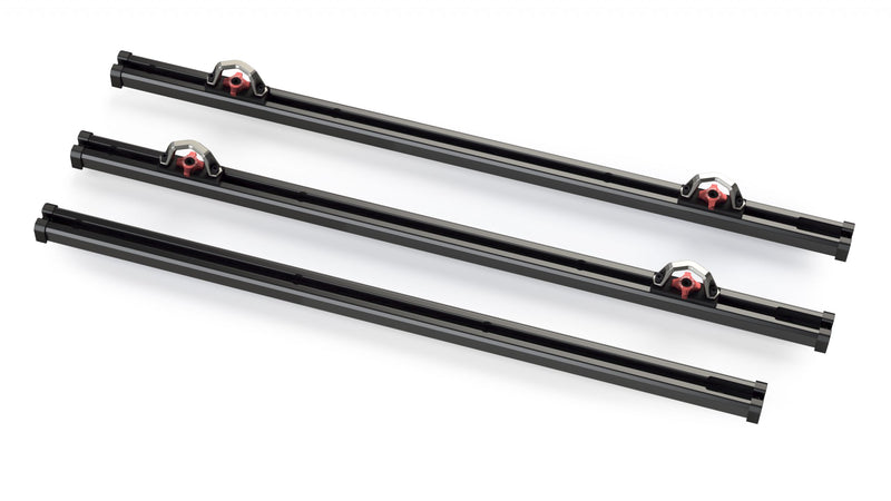 TeraFlex Bed Rail System, shown on a studio background: rendered three black bed rails, two fitted with tie-down anchors, on white