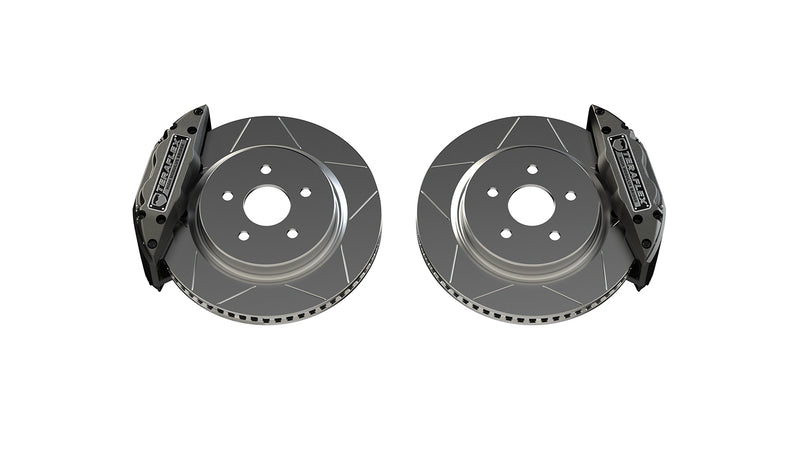 TeraFlex Brake Component, shown on a studio background: pair of slotted vented rotors with gray TeraFlex High Modulus Bridge calipers on white