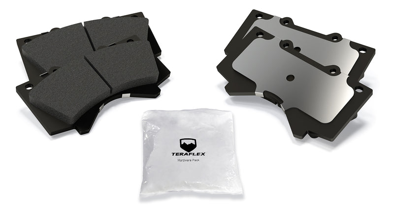 TeraFlex Brake Component, shown on a studio background: two pairs of brake pads, friction and backing sides, with a TeraFlex hardware pack on white