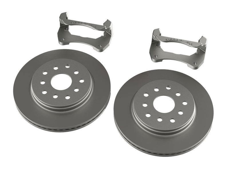 TeraFlex front big rotor kit with two vented rotors and caliper anchor brackets on a white background