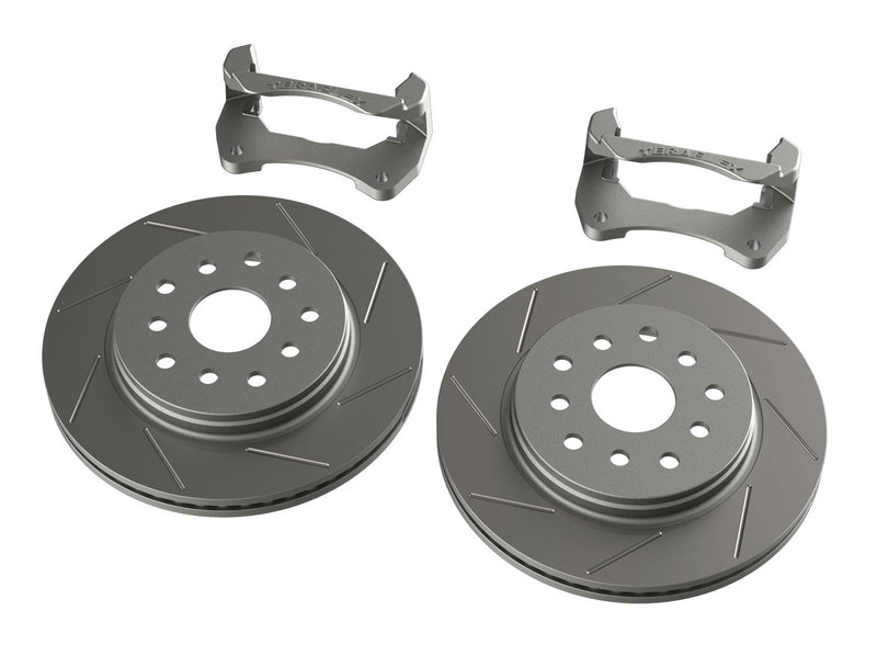 TeraFlex front big rotor kit with two slotted rotors and caliper anchor brackets on a white background