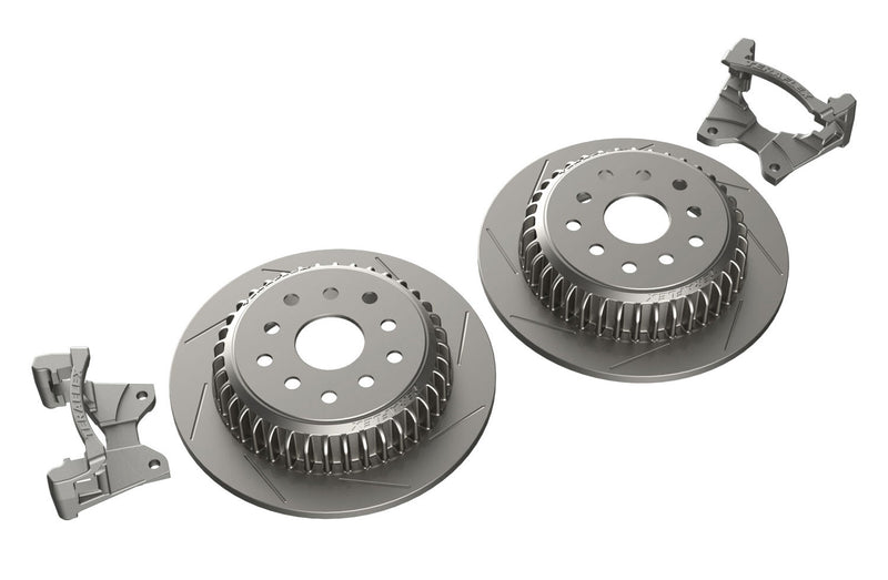 TeraFlex rear big rotor kit with two slotted rotors and caliper brackets on a white background