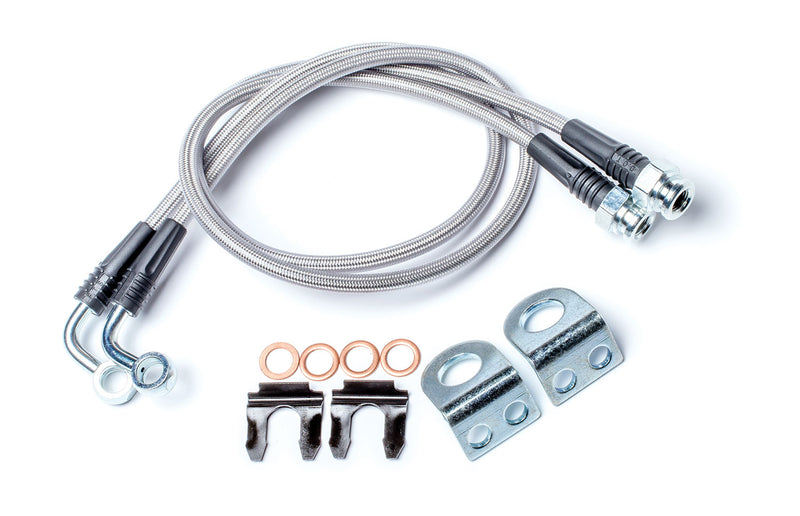 TeraFlex stainless steel braided brake line kit with brackets, clips and washers on a white background