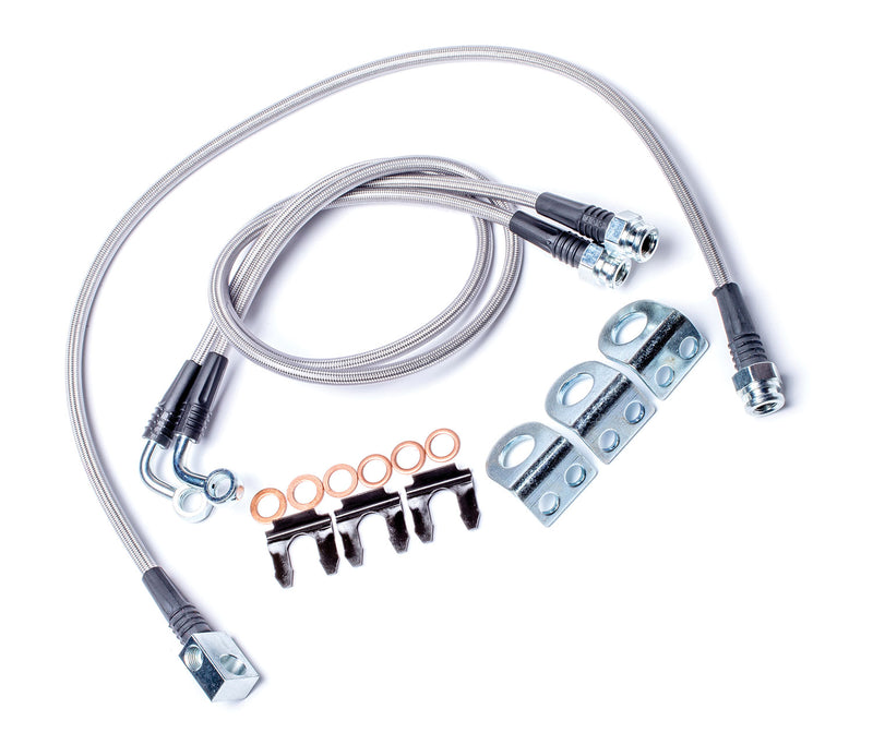 TeraFlex stainless steel braided front and rear brake line kit with brackets, clips and washers on a white background