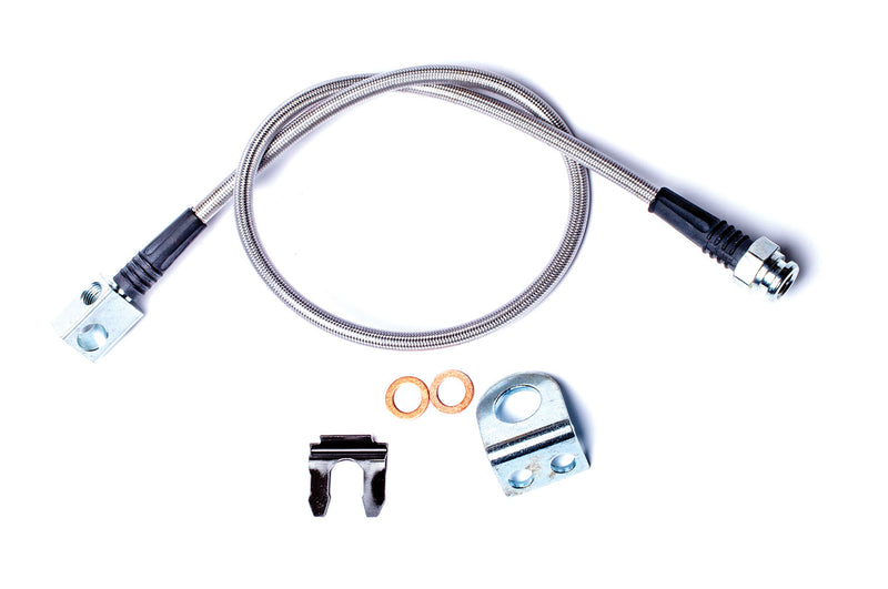 TeraFlex stainless steel braided rear brake line with bracket, clip and washers on a white background