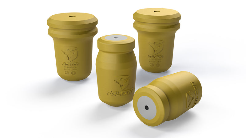 TeraFlex Bump Stop Kit, shown on a studio background: four yellow Falcon jounce bump stops with molded part numbers on white