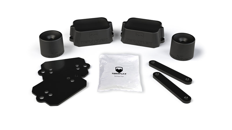 TeraFlex Bump Stop Kit, shown on a studio background: TeraFlex bump stop cups, spacers, mounting plates and links with hardware pack on white
