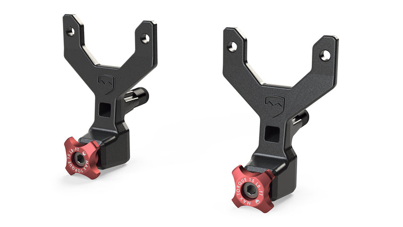 TeraFlex Cargo Rack & Rail Accessory, shown on a studio background: rendered pair of black Y-shaped rail brackets with red MAX TORQUE knobs on white