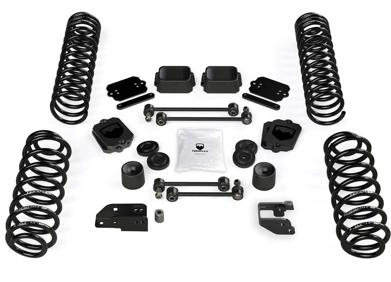 TeraFlex Coil Spring Lift Kit, shown on a studio background: TeraFlex 3.5" coil spring base lift kit on white: four coils, bump stops, spacers, brackets, sway links and hardware