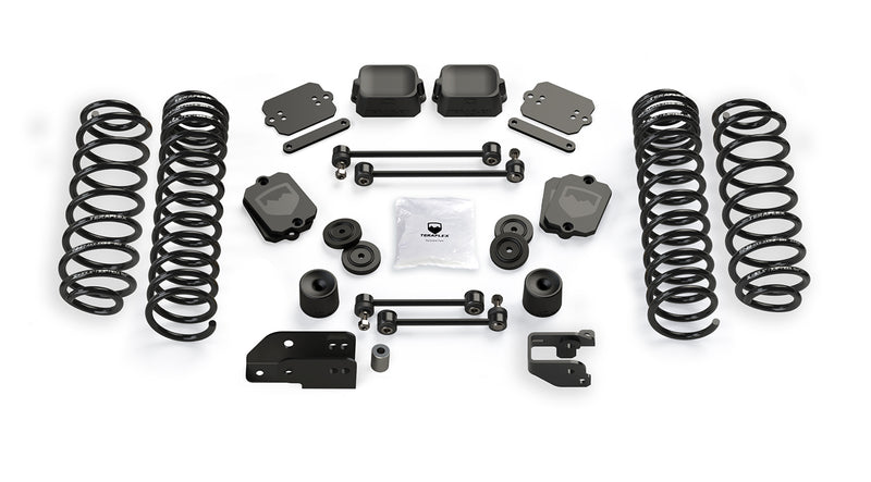 TeraFlex Coil Spring Lift Kit, shown on a studio background: TeraFlex JL coil spring lift kit with four black springs, spacers, links and brackets on white