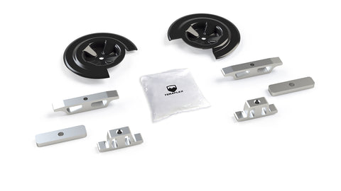 TeraFlex Coil Spring Retainer Kit, shown on a studio background: rendered two black spring perch plates, silver spacer brackets and a TeraFlex hardware bag on white