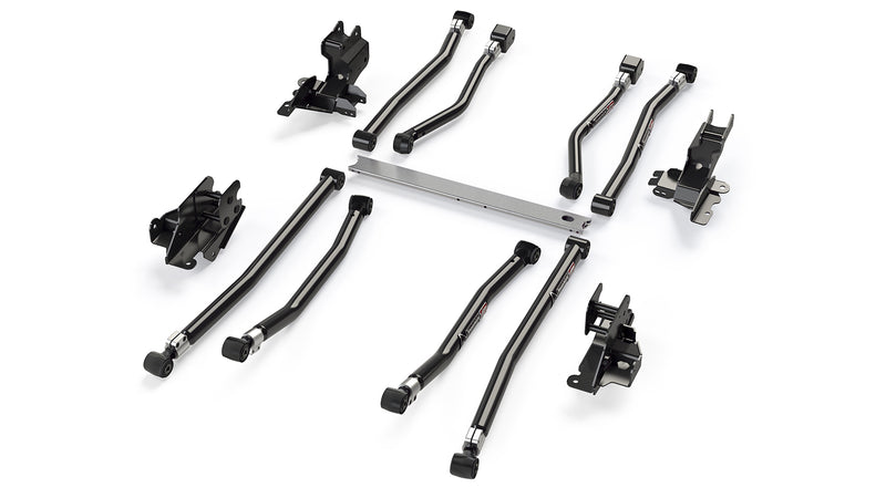 TeraFlex Control Arm, shown on a studio background: eight black adjustable control arms, four brackets and a silver crossmember on white