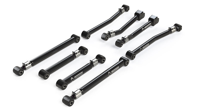TeraFlex Control Arm, shown on a studio background: eight black TeraFlex Alpine short adjustable control arms on white