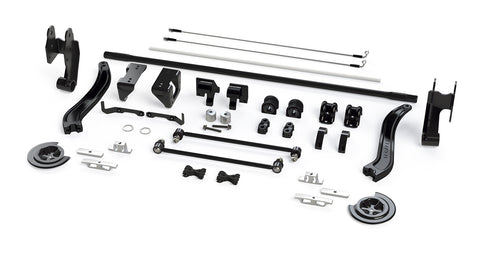 TeraFlex Extended-Travel System, shown on a studio background: rendered TeraFlex rear suspension kit layout on white with curved arms, brackets, track bar and brake lines
