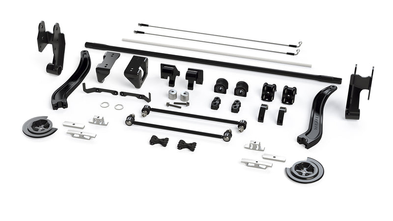 TeraFlex Extended-Travel System, shown on a studio background: rendered TeraFlex rear suspension kit layout on white with curved arms, brackets, track bar and brake lines