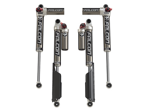 TeraFlex Falcon Shock Kit, shown on a studio background: set of four Falcon SP2 piggyback shocks with red adjuster knobs on white