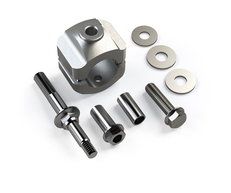 TeraFlex steering stabilizer relocation kit: aluminum tie rod clamp, stud, spacers and washers