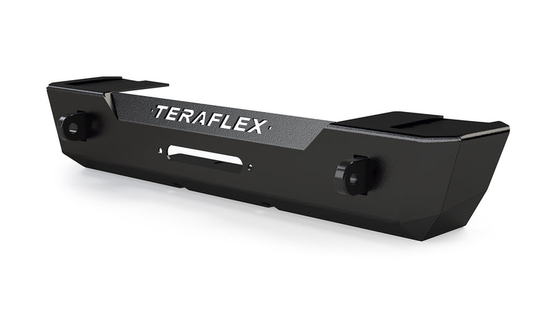 TeraFlex Front Bumper, shown on a studio background: black TeraFlex stubby front bumper with winch plate, studio render on white