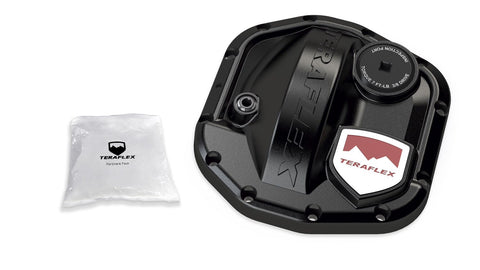 TeraFlex HD Differential Cover, shown on a studio background: black TeraFlex differential cover with inspection port, fill plug and red shield badge beside a TeraFlex hardware pack on white