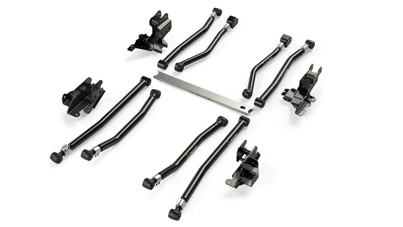 TeraFlex Long Control Arm, shown on a studio background: eight black TeraFlex adjustable control arms with four frame brackets and a cross-member on white
