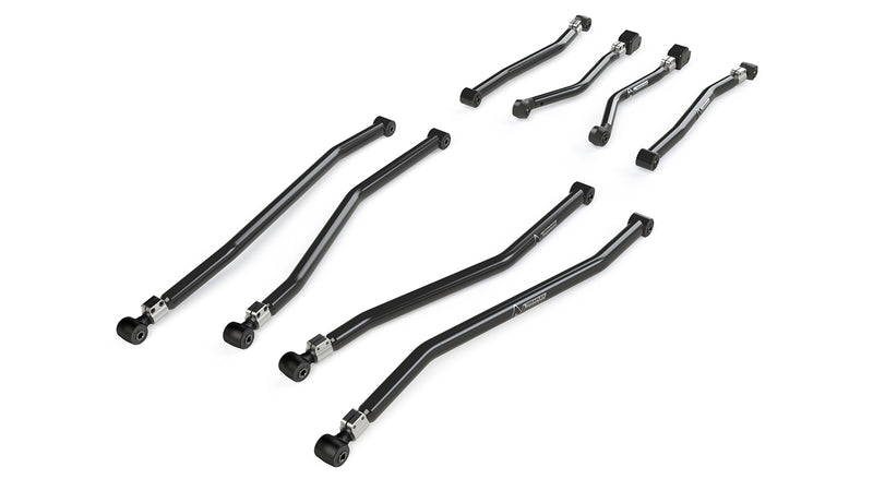 TeraFlex Long Control Arm, shown on a studio background: eight black TeraFlex Alpine adjustable control arms (four long lowers, four uppers) on white