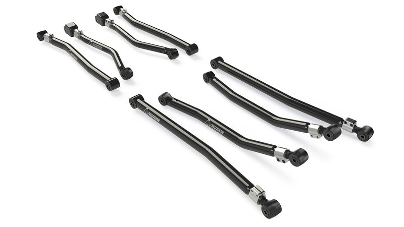 TeraFlex Long Control Arm, shown on a studio background: eight black TeraFlex Alpine control arms laid out on white