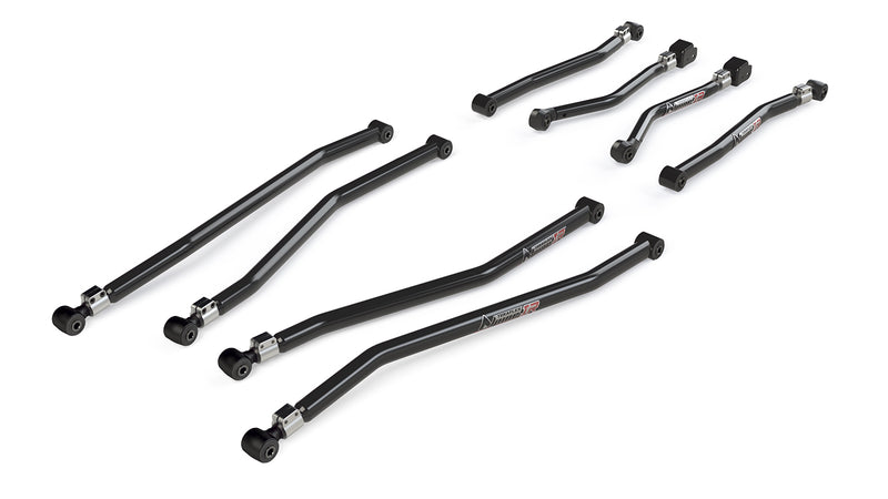 TeraFlex Long Control Arm, shown on a studio background: eight black TeraFlex Alpine IR adjustable control arms on white