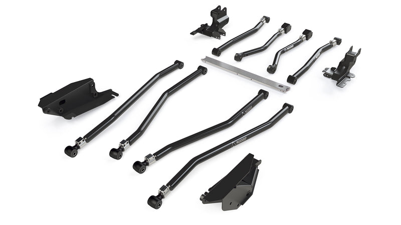 TeraFlex Long Control Arm, shown on a studio background: eight TeraFlex Alpine adjustable control arms with long-arm brackets, skid/crossmember and frame brackets on white