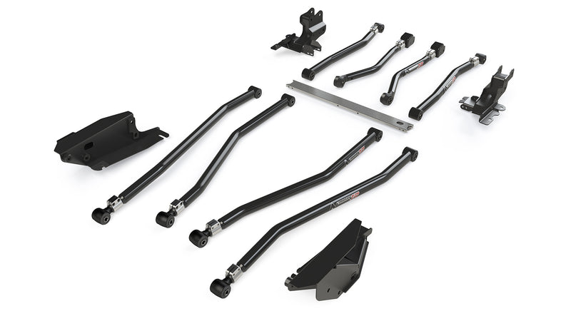 TeraFlex Long Control Arm, shown on a studio background: eight TeraFlex Alpine IR control arms with long-arm brackets, crossmember and skid on white