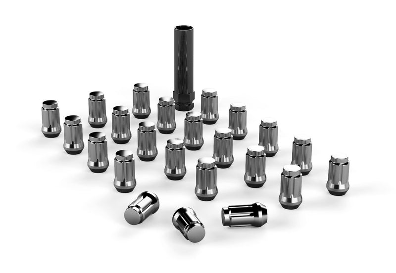 TeraFlex chrome spline drive lug nuts with splined security key on a white background