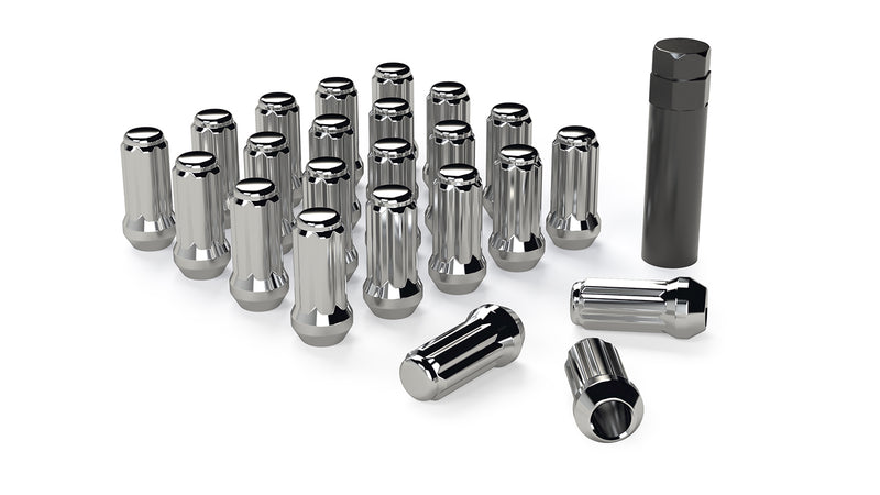 TeraFlex chrome spline drive lug nuts with splined security key on a white background