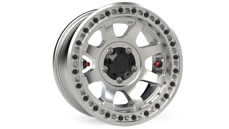 TeraFlex Off-Road Wheel, shown on a studio background: machined silver 5-lug beadlock-style wheel with black TeraFlex center cap and red valve stems on white