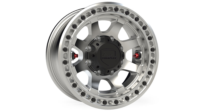 TeraFlex Off-Road Wheel, shown on a studio background: machined silver 8-lug beadlock-style wheel with black TeraFlex center cap and red valve stems on white