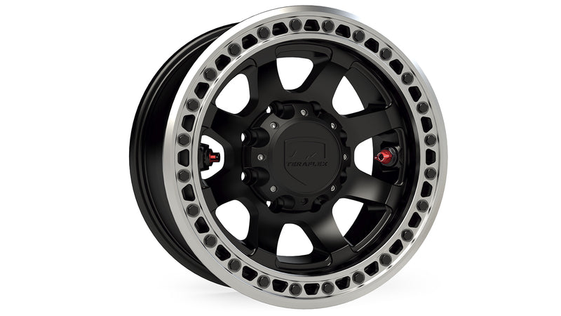 TeraFlex Off-Road Wheel, shown on a studio background: matte black 8-lug wheel with machined bolted beadlock ring, red valve stems and TeraFlex cap on white