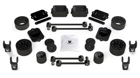 TeraFlex Performance Spacer Lift Kit, shown on a studio background: TeraFlex spacer lift kit with coil spacers, shock extensions, sway links and plates on white