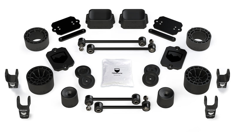 TeraFlex Performance Spacer Lift Kit, shown on a studio background: TeraFlex spacer lift kit with coil spacers, shock extensions, sway links and plates on white