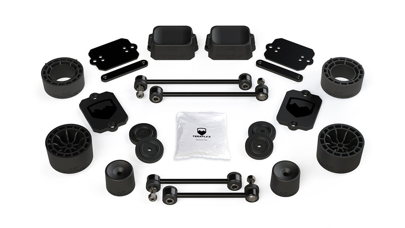 TeraFlex Performance Spacer Lift Kit, shown on a studio background: TeraFlex spacer lift kit with coil spacers, bump spacers, sway links and plates on white
