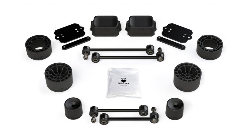 TeraFlex Performance Spacer Lift Kit, shown on a studio background: TeraFlex spacer lift kit with coil spacers, bump spacers, end links and plates on white