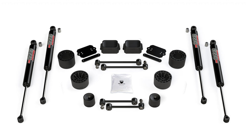 TeraFlex Performance Spacer Lift Kit, shown on a studio background: TeraFlex spacer lift kit with four 9550 shocks, coil and bump spacers and sway links on white