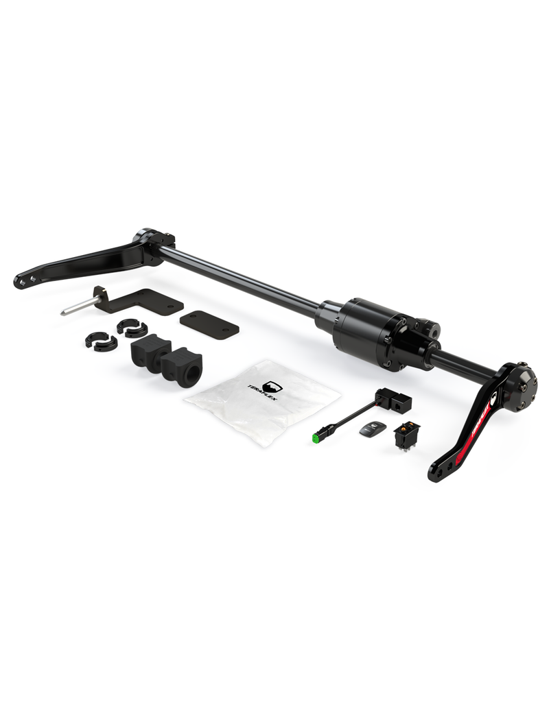 TeraFlex Pneumatic Sway Bar, shown on a studio background: black pneumatic sway bar with actuator and red-branded arm, bushings, brackets, switch, harness and TeraFlex hardware bag on white