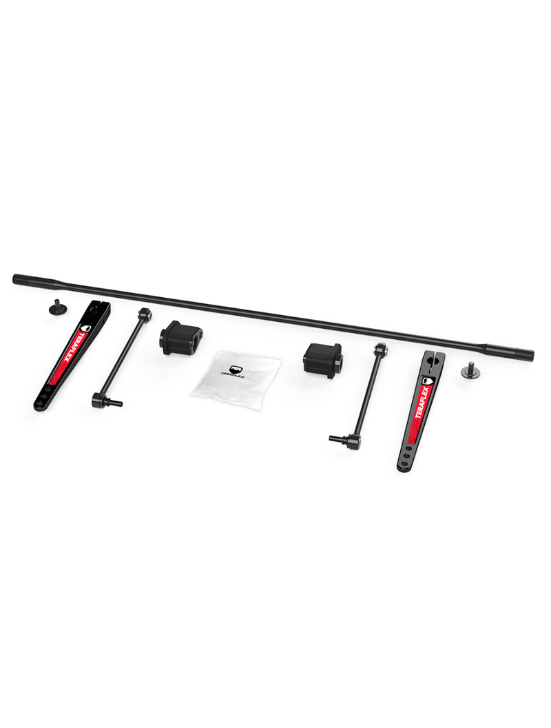 TeraFlex Rear Sway Bar, shown on a studio background: TeraFlex sway bar kit with bar, red-inlay arms, links, bushings and hardware on white