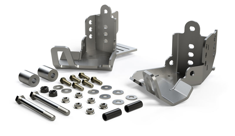 TeraFlex Falcon HD rear shock skid plates in raw steel with sleeves and hardware on a white background