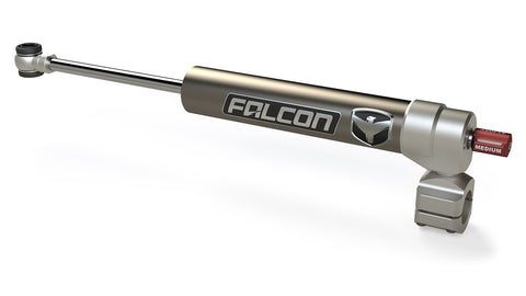 TeraFlex Steering Stabilizer, shown on a studio background: Falcon steering stabilizer with clamp mount and red MEDIUM adjuster knob on white