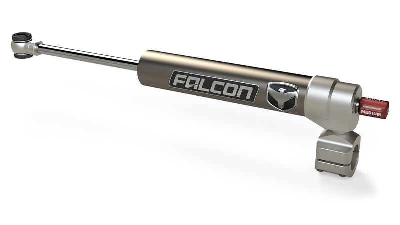 TeraFlex Steering Stabilizer, shown on a studio background: Falcon steering stabilizer with clamp mount and red MEDIUM adjuster knob on white