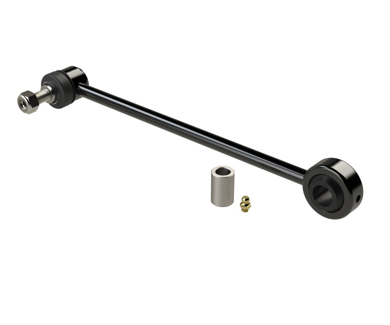 TeraFlex Sway Bar Component, shown on a studio background: black sway bar end link with stud end, a steel spacer and a grease zerk on white