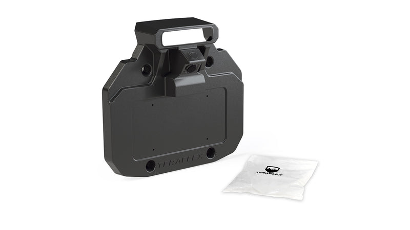 TeraFlex Tire Carrier & Tailgate Accessory, shown on a studio background: black TeraFlex license plate mount with camera housing and hardware pack on white